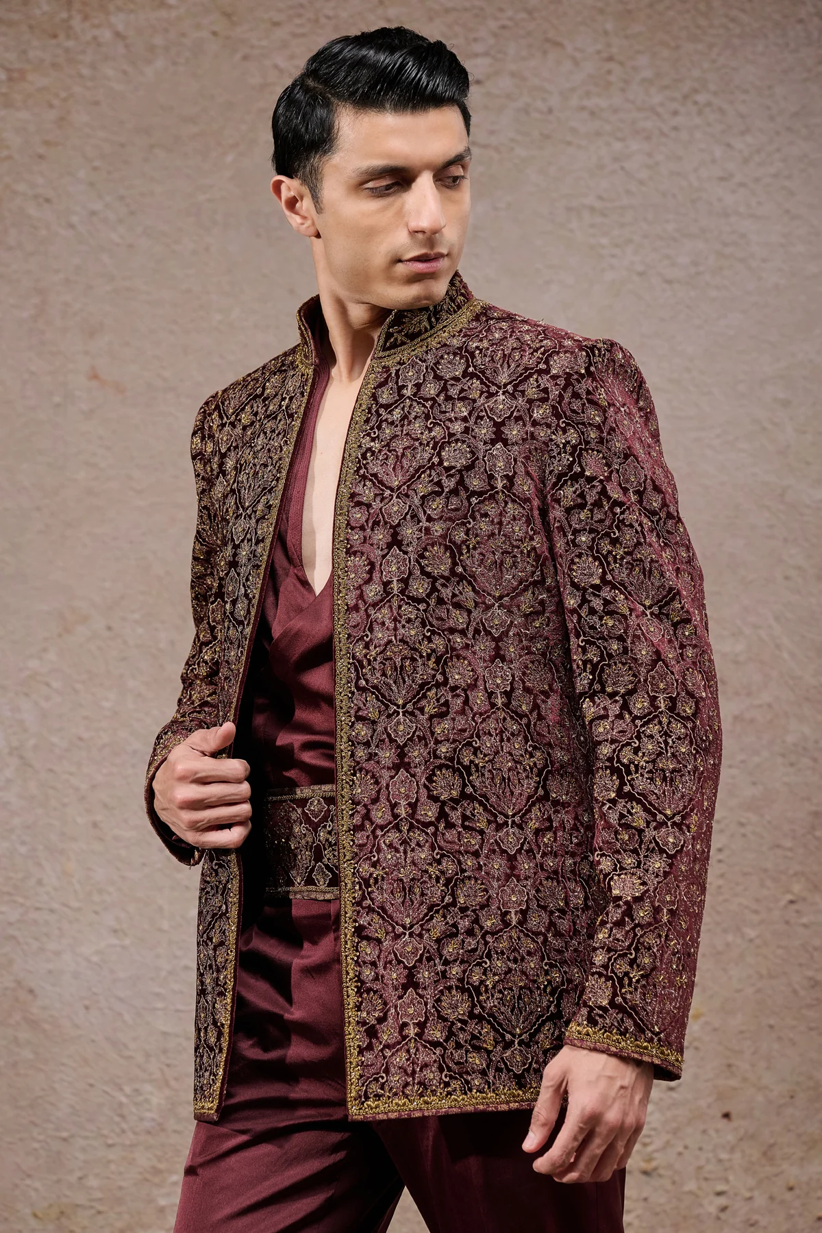 Golden Light Antique Zardozi Velvet Bandhgala Set - Image 2