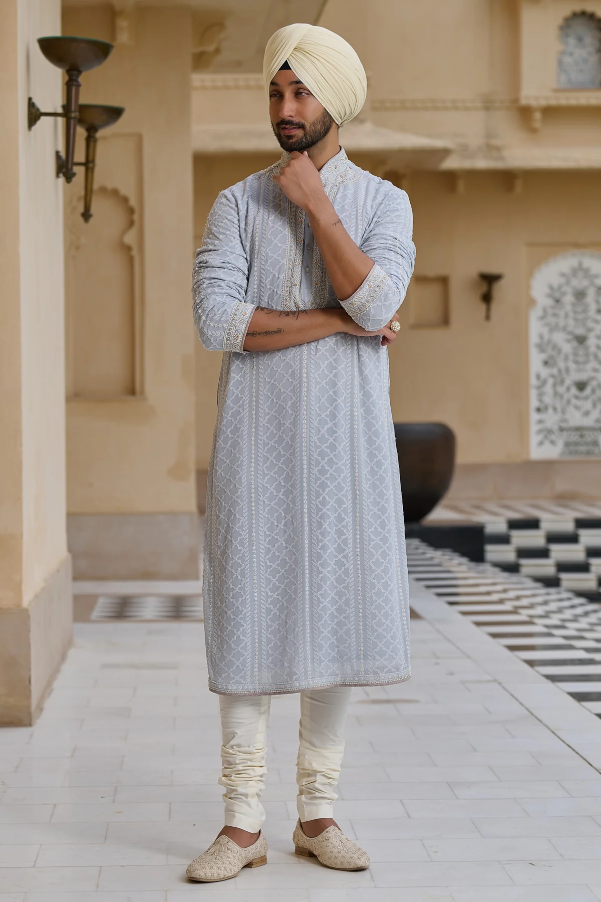 Golden Light Chikankari Kurta Set with Pearl Detailing - Image 3