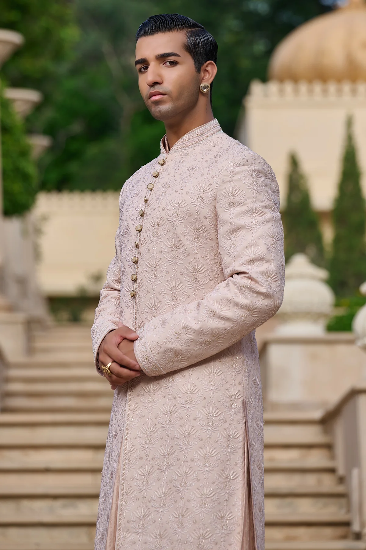 Golden Light Chikankari Sherwani Set with Dhoti - Image 6