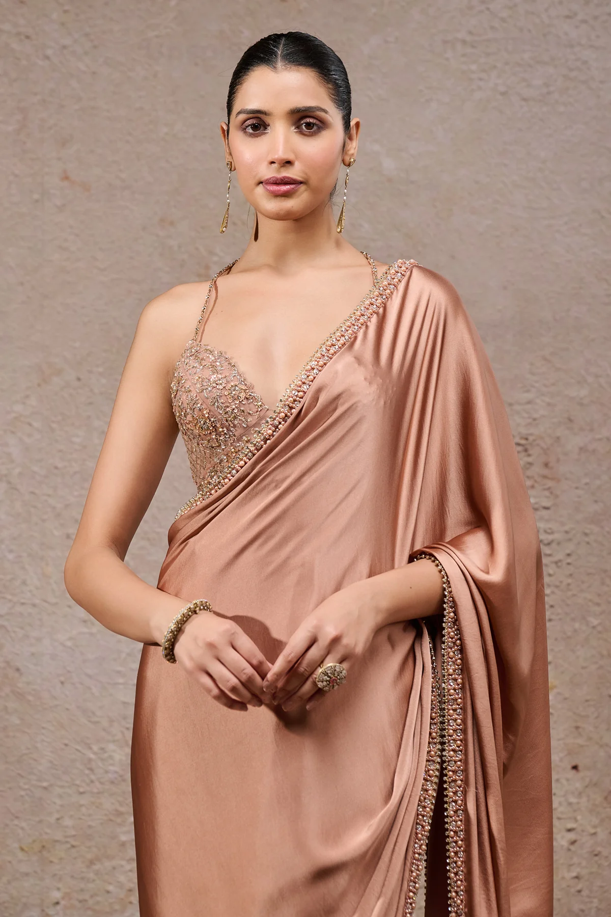 Golden Light Classic Pearl Detail Saree - Image 2