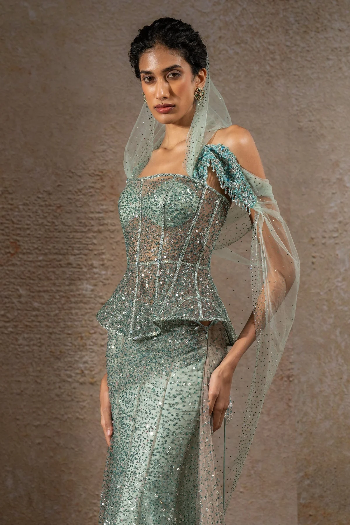 Golden Light Crystal & Sequin Embroidered Lehenga Saree - Image 6