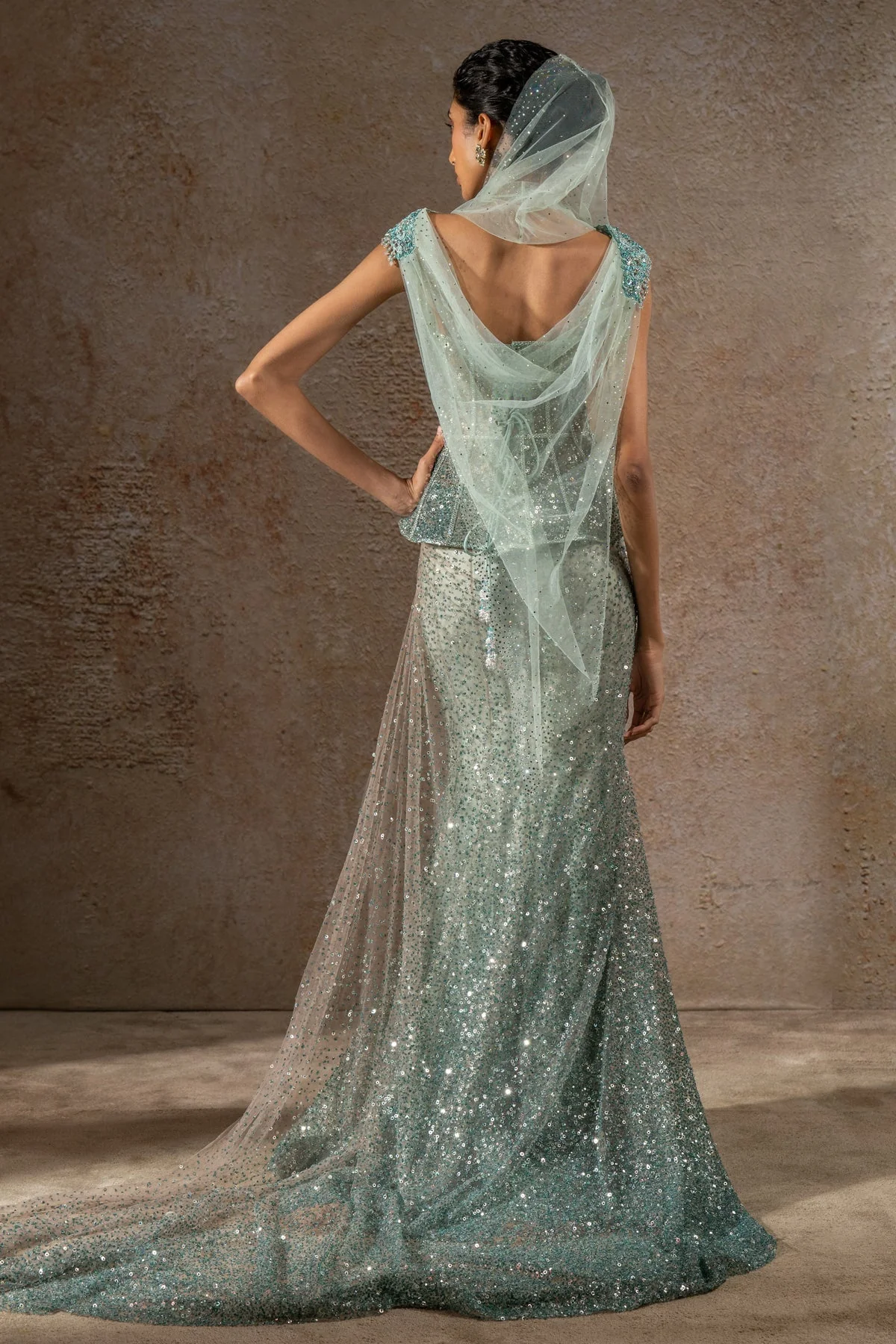 Golden Light Crystal & Sequin Embroidered Lehenga Saree - Image 7