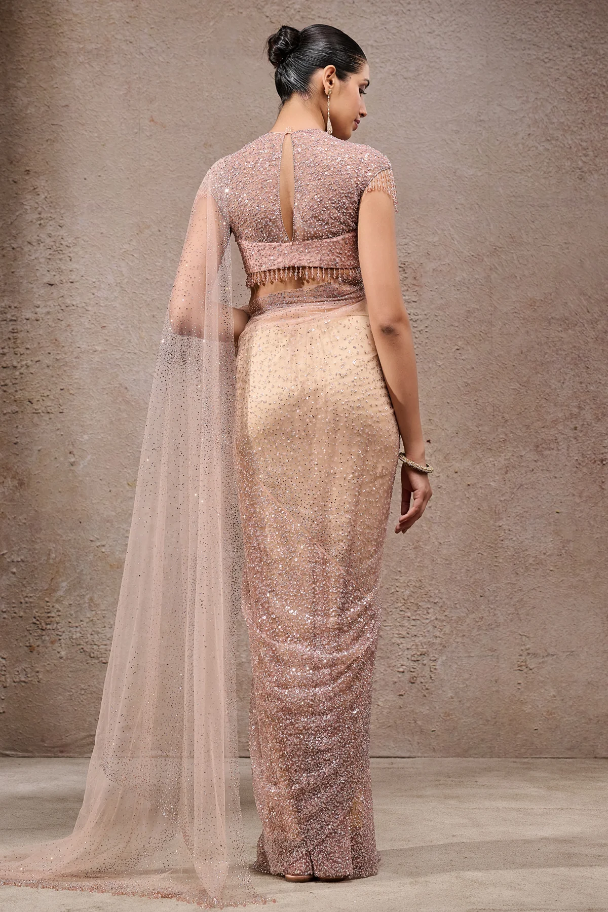 Golden Light Crystal & Sequin Embroidered Saree - Image 6