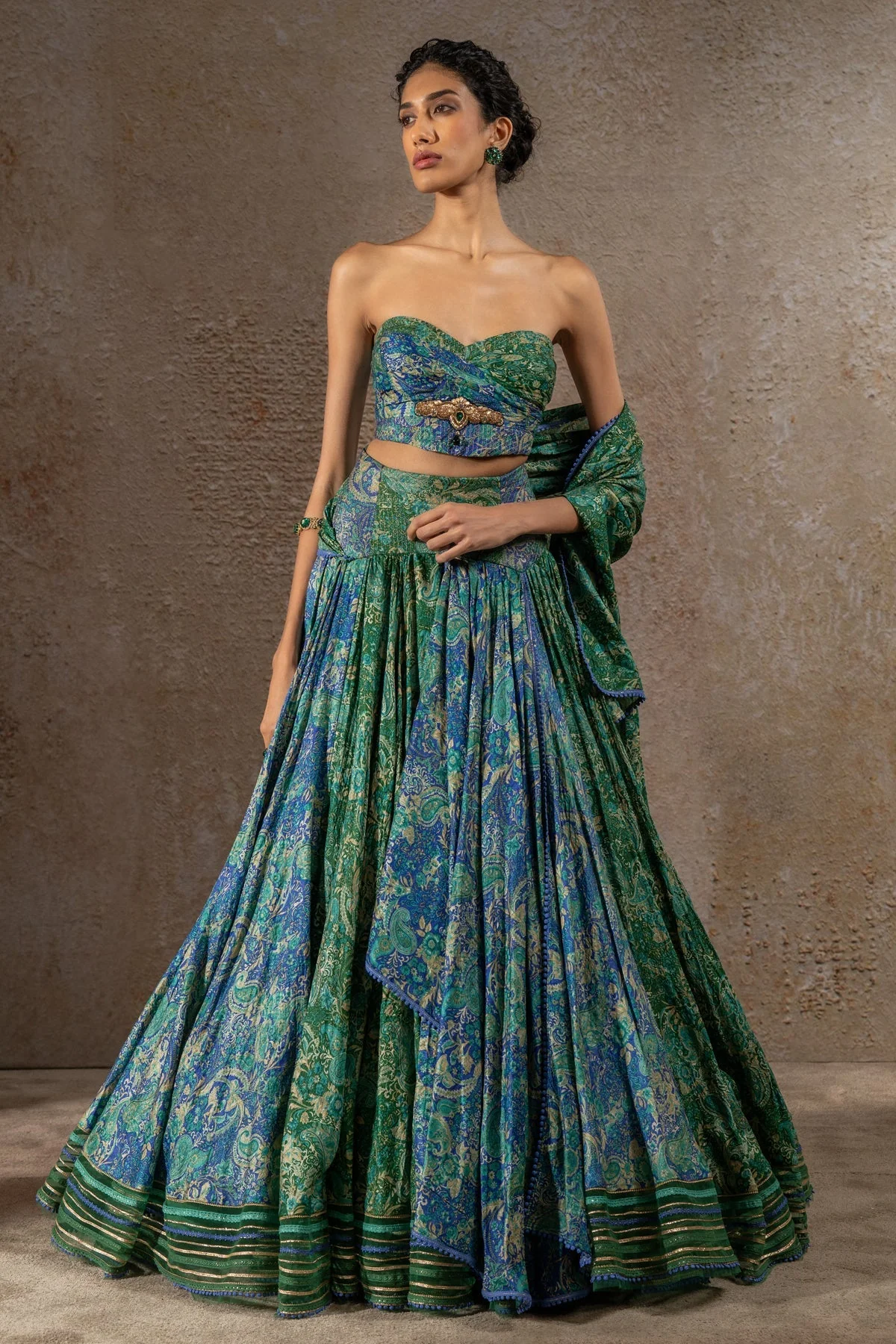 Golden Light Draped Textile Lehenga - Image 7