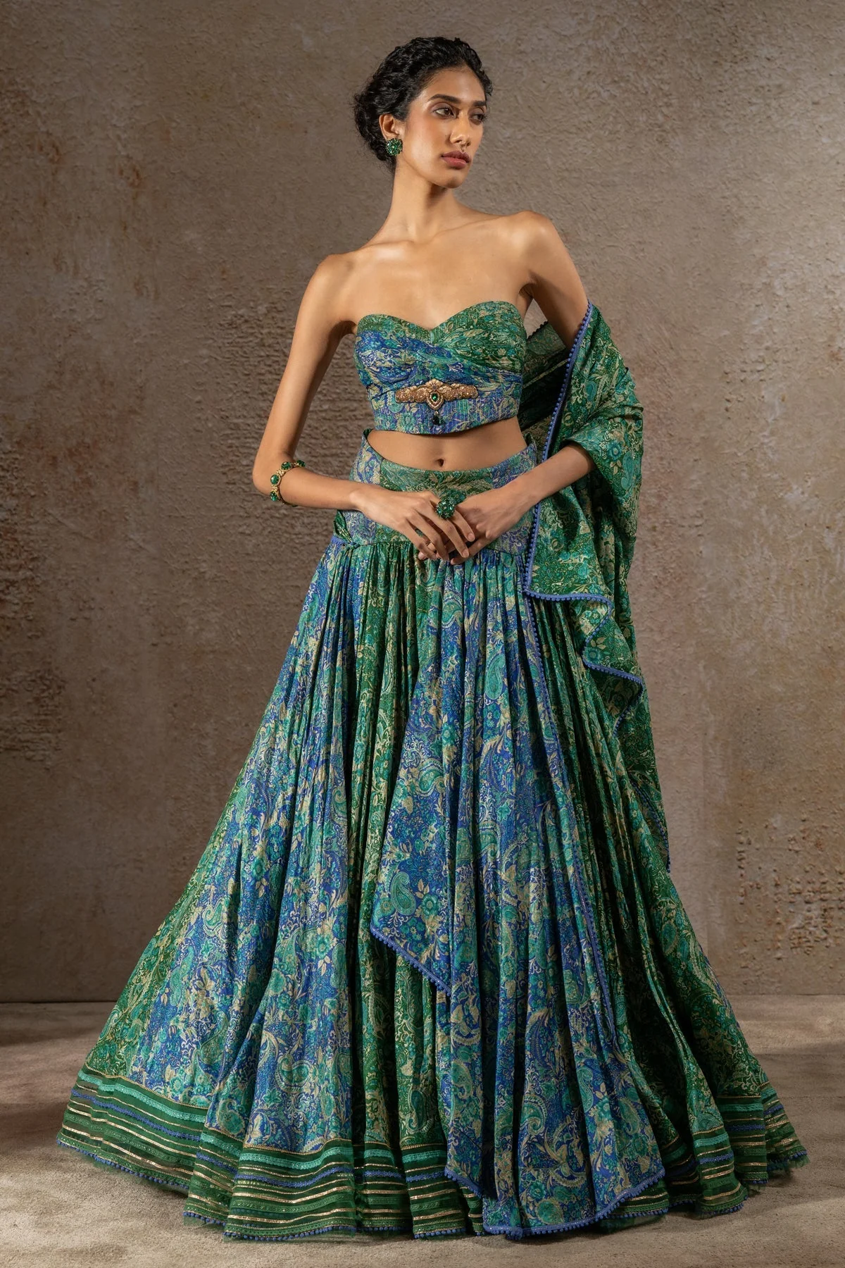 Golden Light Draped Textile Lehenga - Image 6
