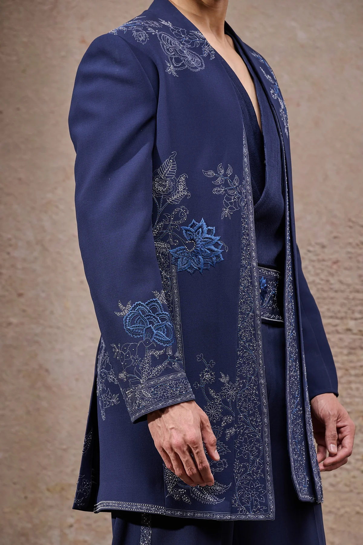 Golden Light Embroidered Dual Panel Sherwani Set - Image 4