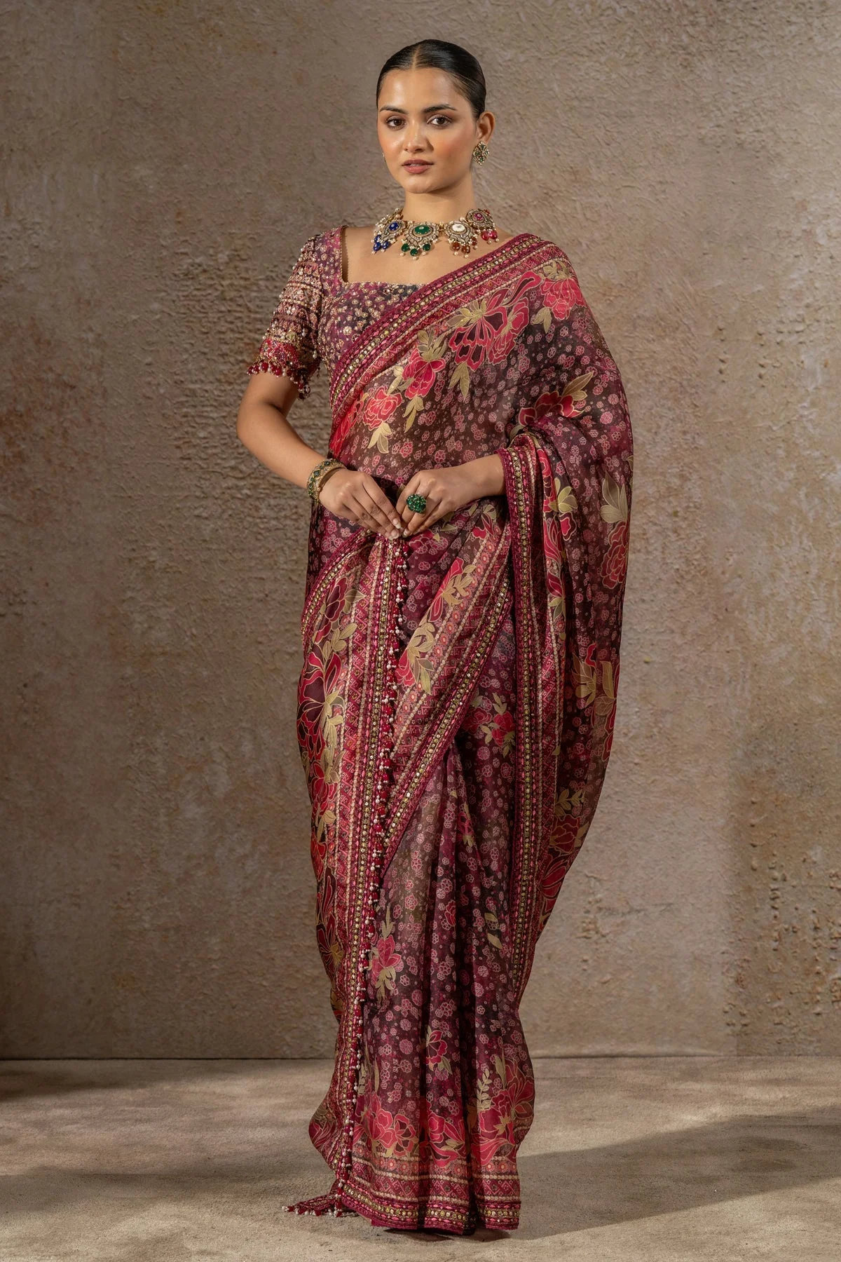 Golden Light Floral Organza Saree - Image 3