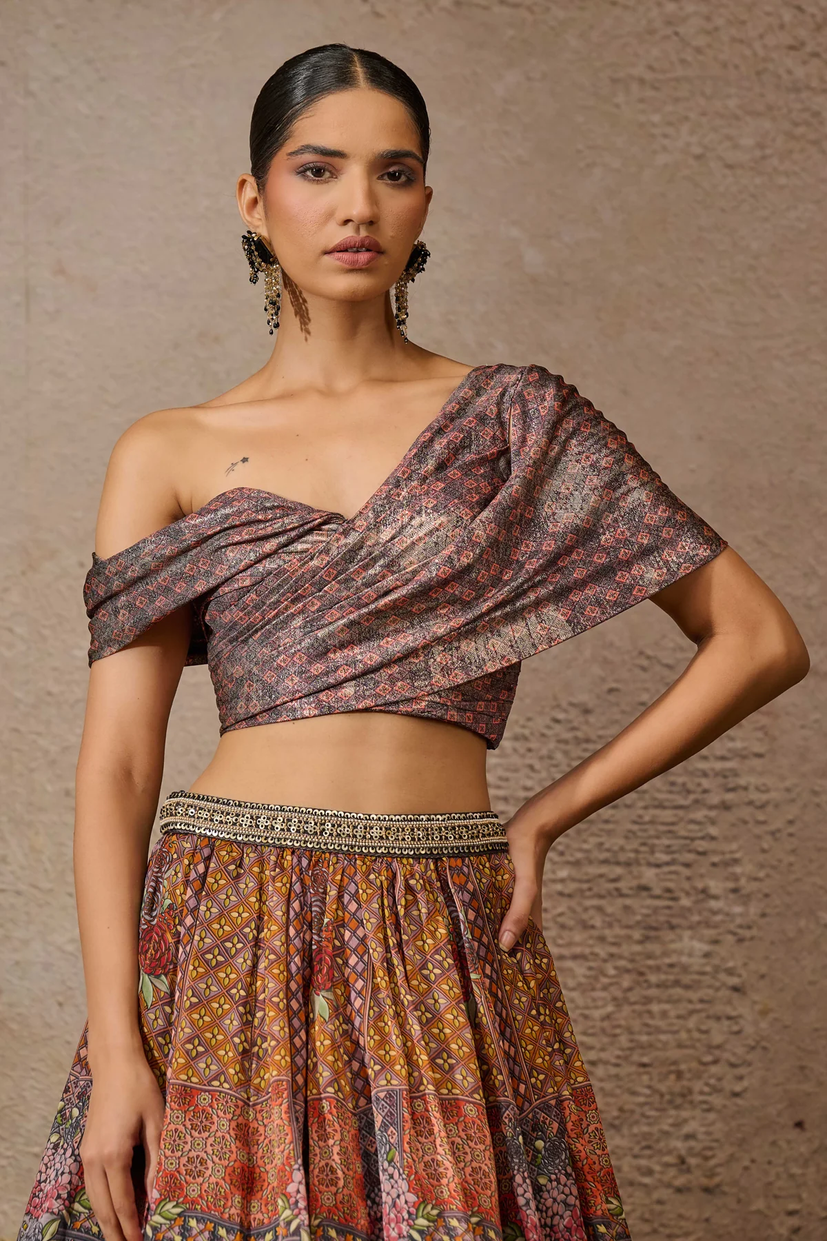Otherworldly Foil Jersey Printed Lehenga With Draped Blouse - Image 3