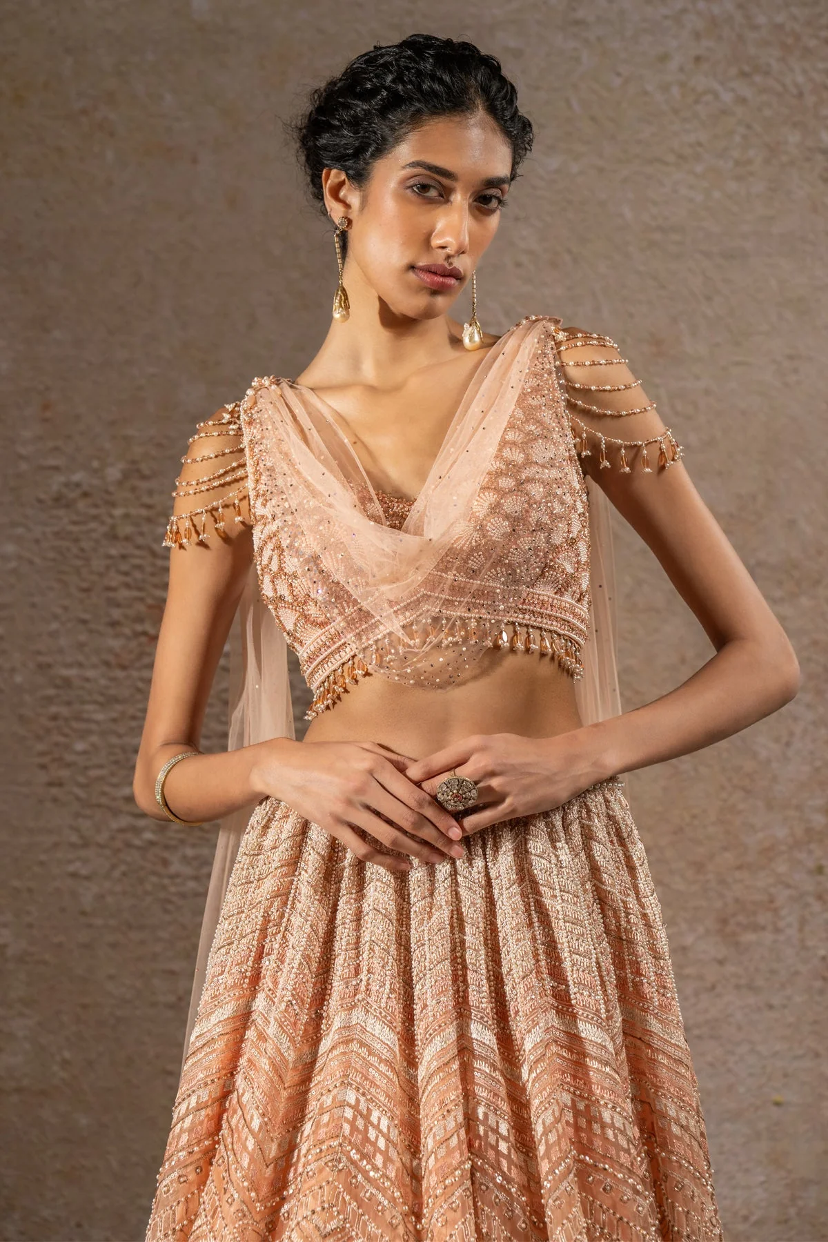 Golden Light geometric embroidered lehenga with Drape - Image 5