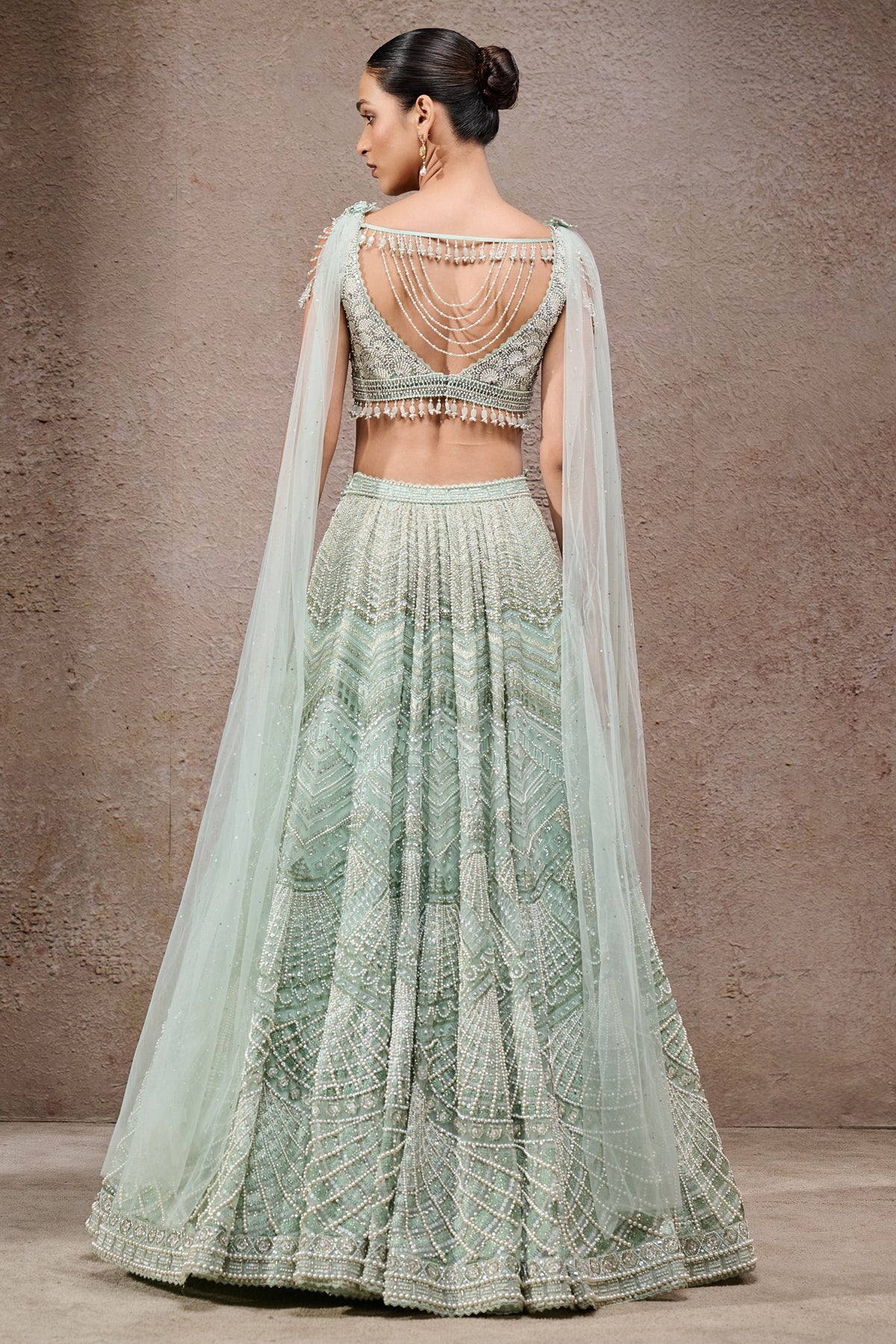 Golden Light Geometric Embroidered Lehenga With Drape - Image 5
