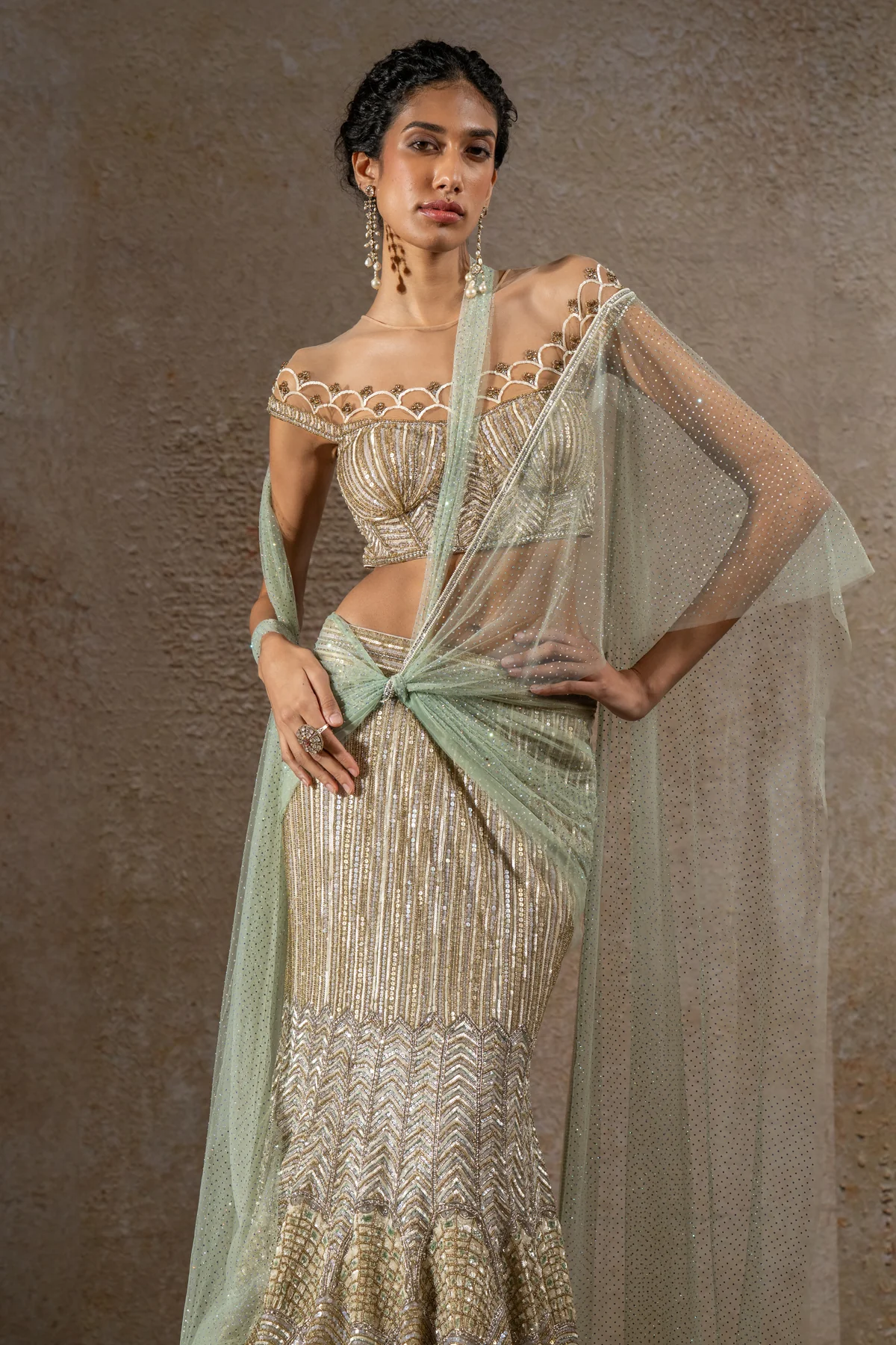 Timeless Hand Embroidered Sequin Fishtail Skirt & Corset Set - Image 3