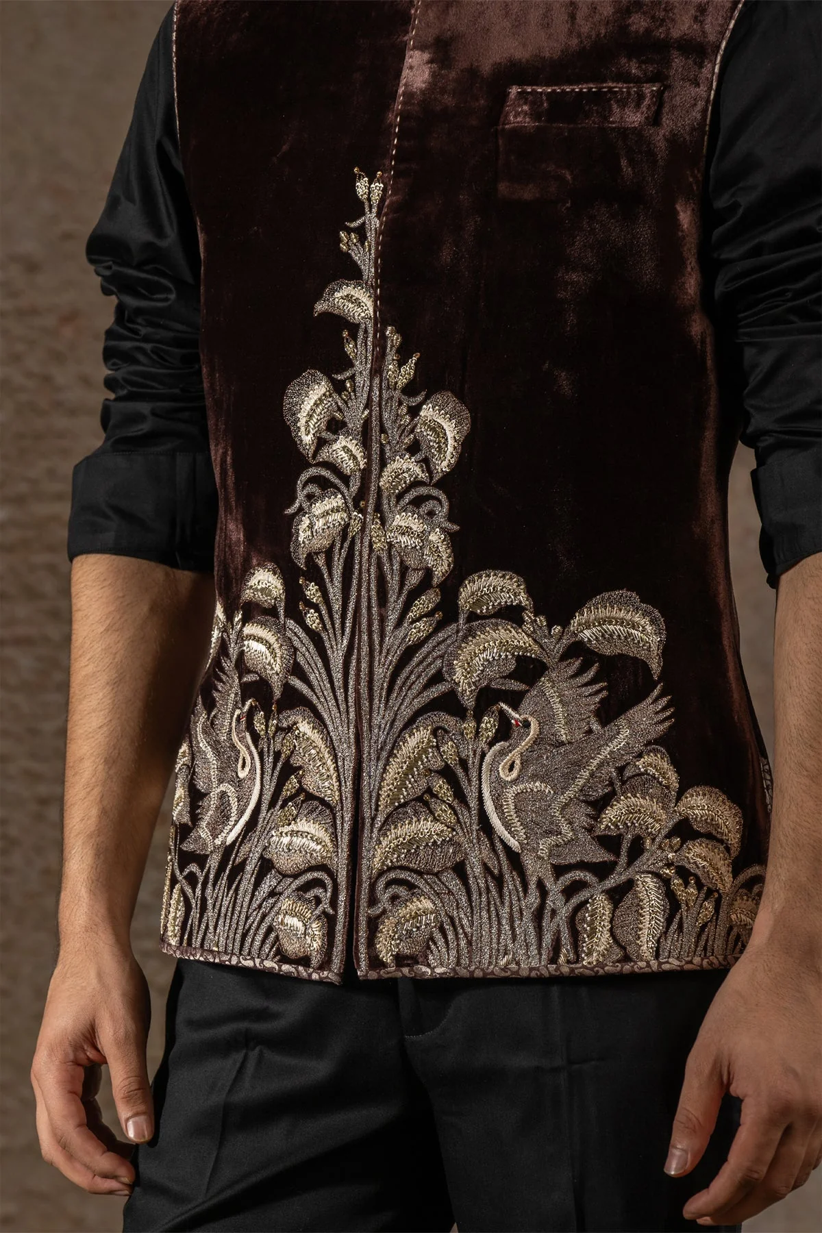 Golden Light Hand- Embroidered Velvet Waistcoat Set - Image 3