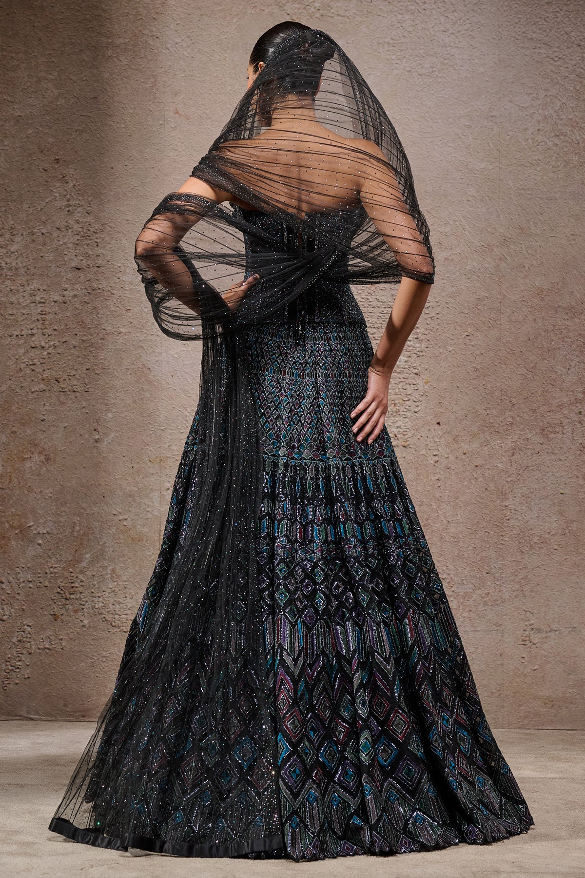 Golden Light Mosaic Lehenga With Corset And Drape - Image 4