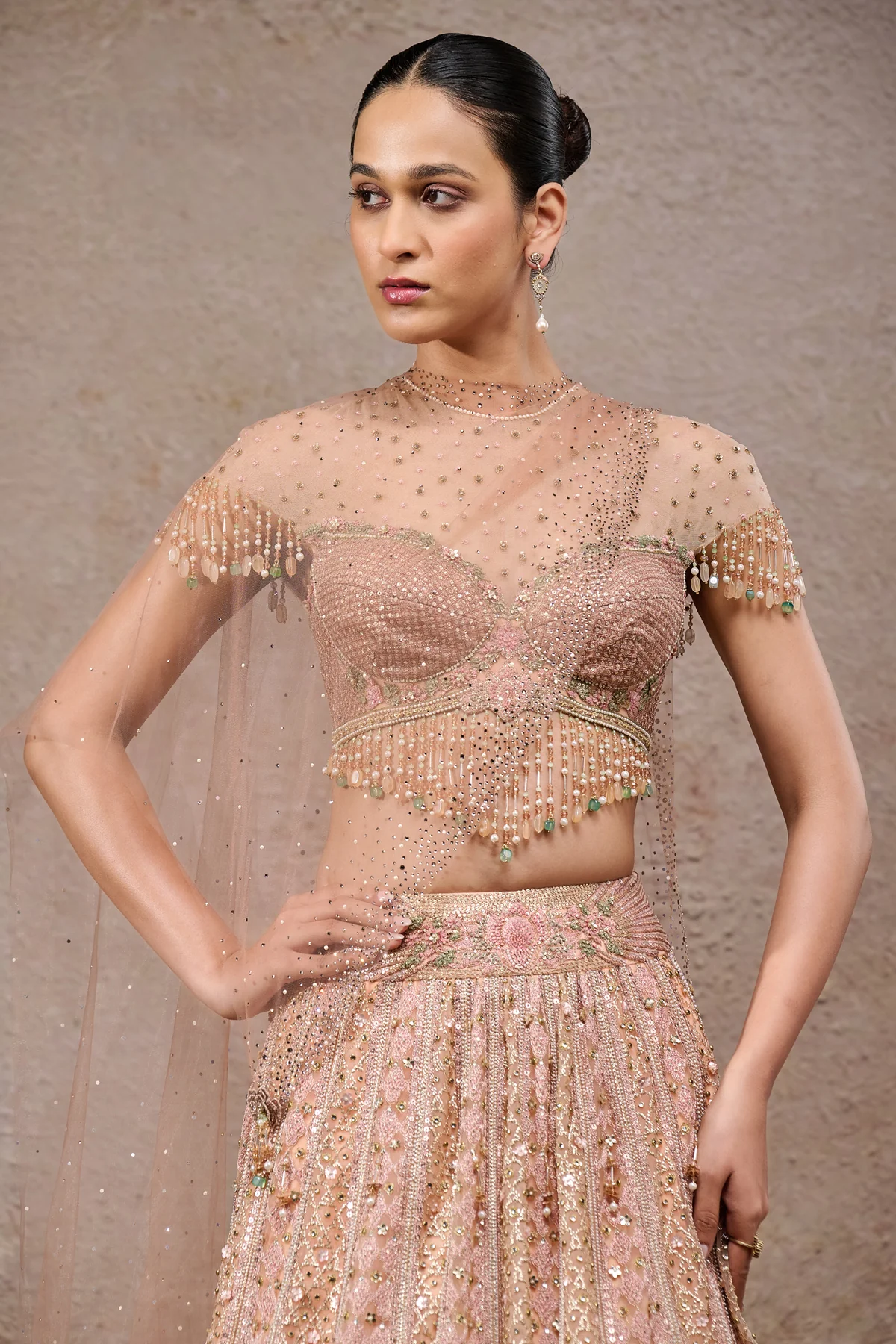 Golden Light Mughal Embroidered Lehenga With Drape - Image 3