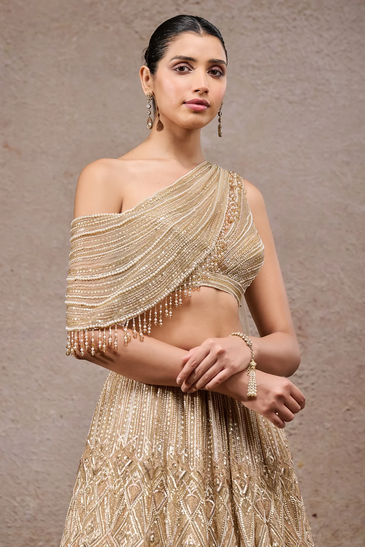 Golden Light Pearl And Sequin Hand Embroidered Lehenga - Image 4