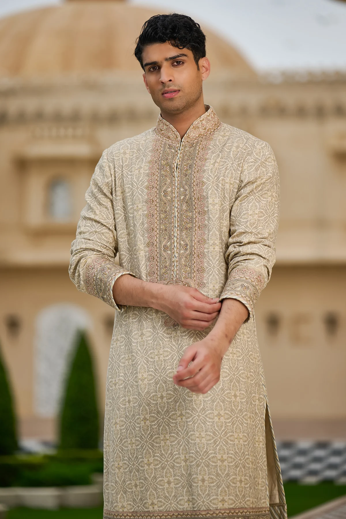 Golden Light Printed Kurta Set with Embroidered Yoke - Image 2