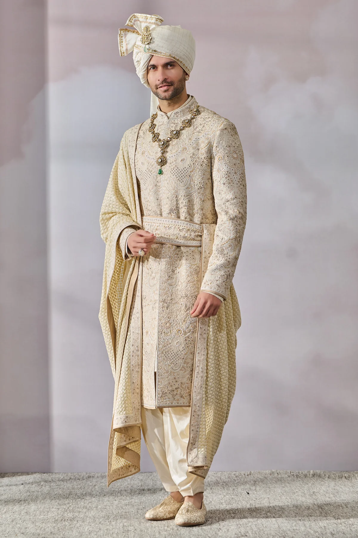 SOL Sherwani Kurta Salwar Kamarbandh Stole Safa Jutti Fabric - Image 2
