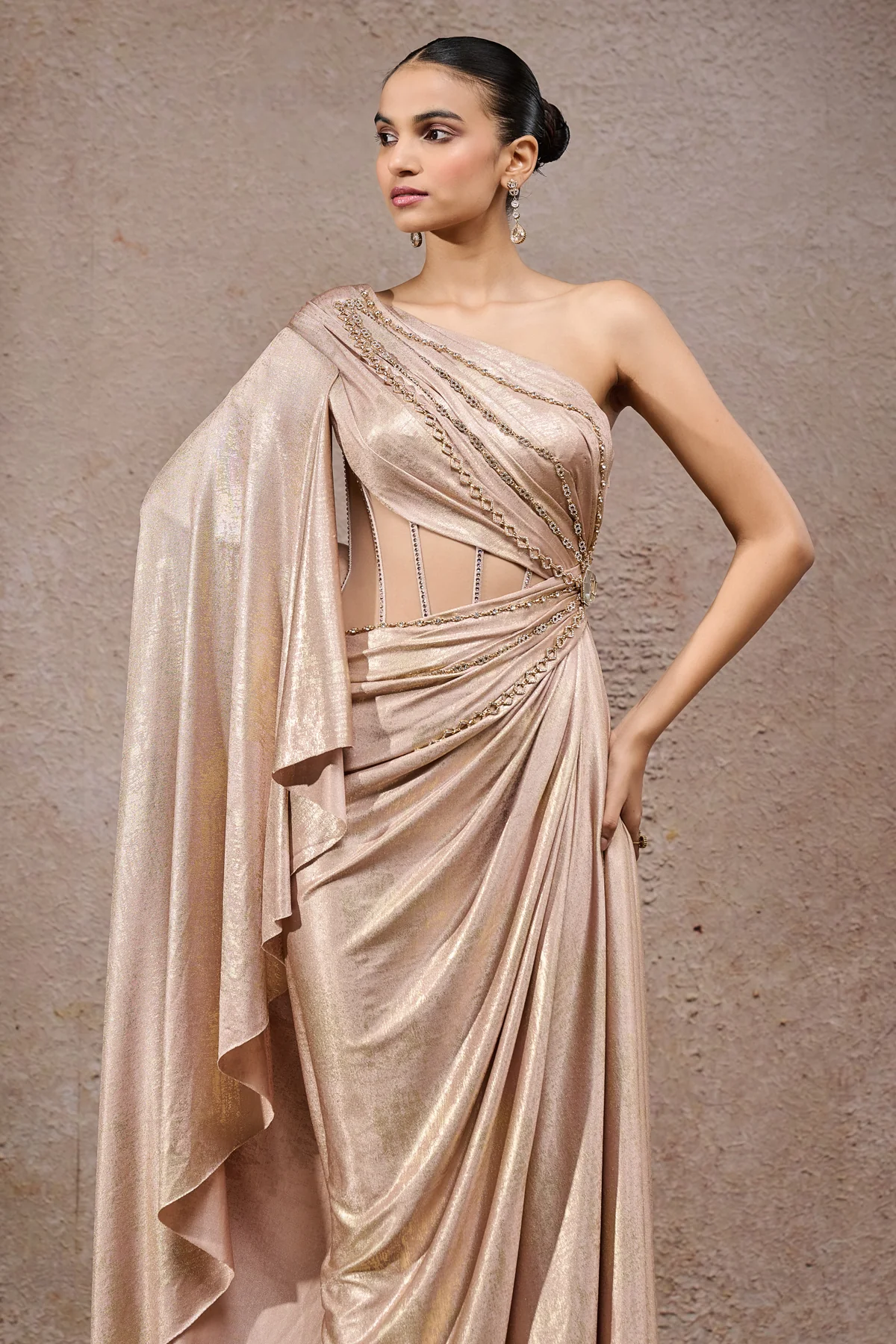Golden Light Structured Drape Dress - Image 3