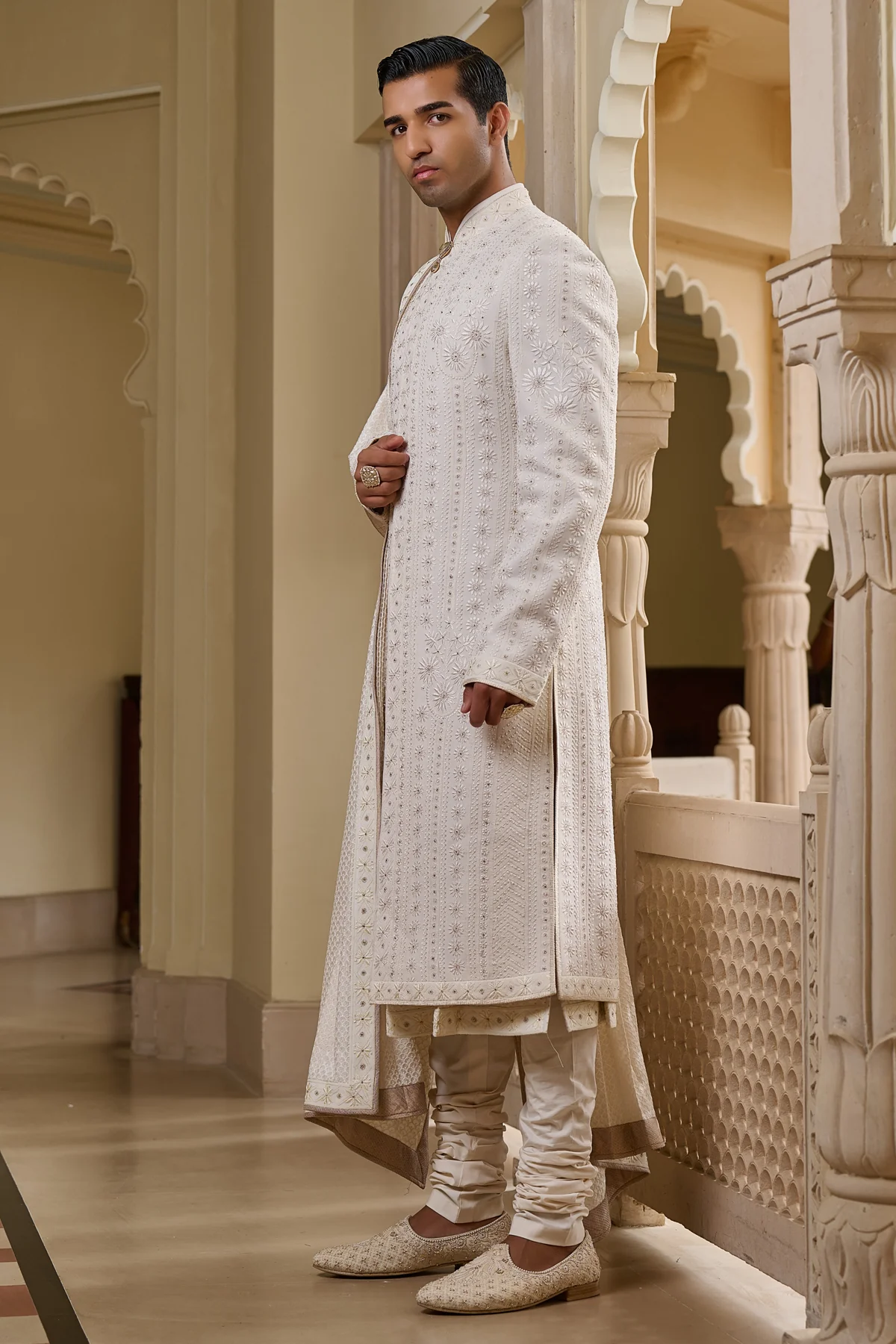 Golden Light Tonal Chikankari Sherwani Set - Image 3