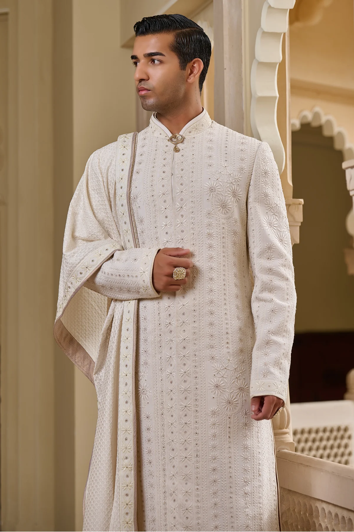 Golden Light Tonal Chikankari Sherwani Set - Image 4