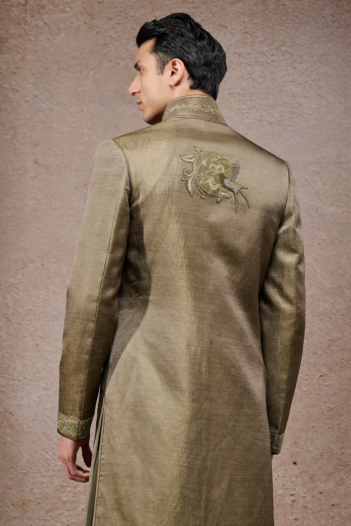 Golden Light Zardozi Embroidered Open Neck Sherwani Set - Image 5